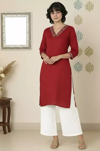 Red embroidered rayon kurta palazzo
