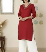 Red embroidered rayon kurta palazzo