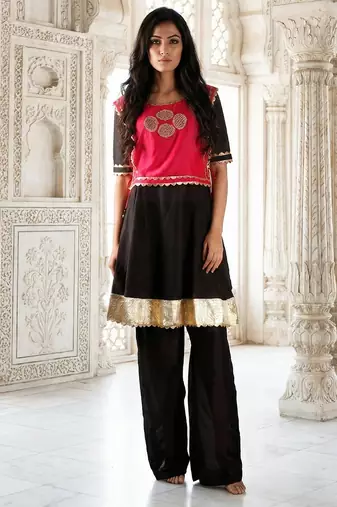 Pink & black vichitra silk palazzo set