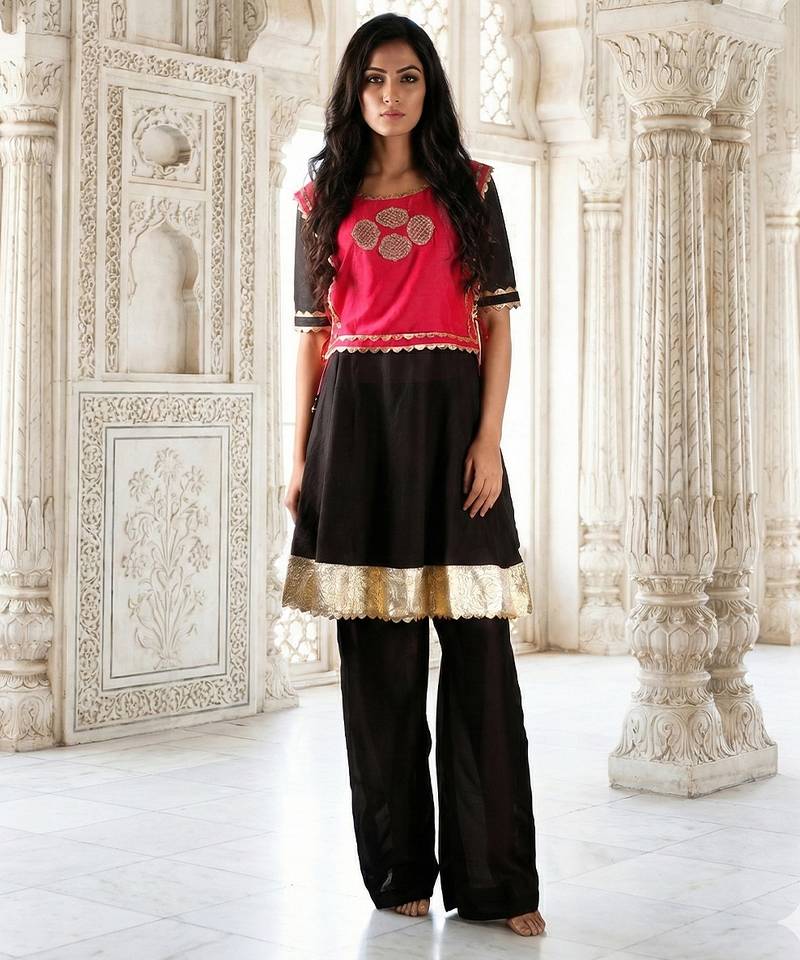 Pink & black vichitra silk palazzo set