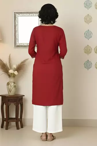 Red embroidered rayon kurta palazzo