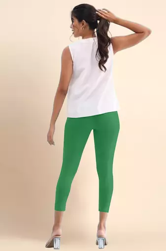 Green Microfiber elastane stretch soft cropped leggings with ultrasoft waistband
