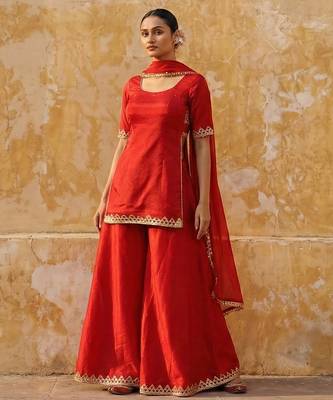 Red vichitra silk suit organza dupatta 1