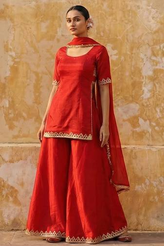 Red vichitra silk suit organza dupatta
