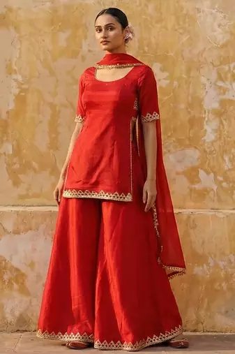 Red vichitra silk suit organza dupatta