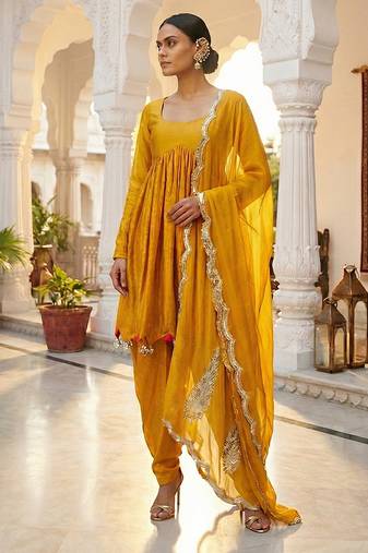 Mustard yellow vichitra silk dhoti set