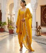 Mustard yellow vichitra silk dhoti set