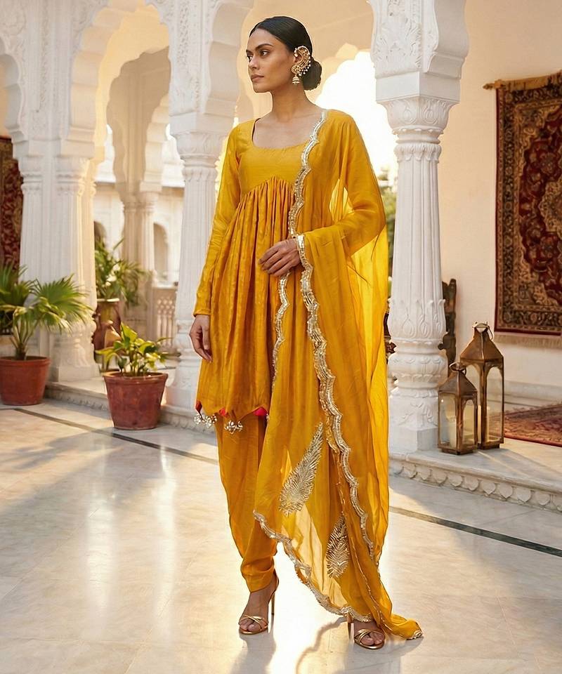 Mustard yellow vichitra silk dhoti set