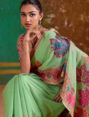 parrot green modal cotton pashmina weaving saree  ready to dispatch 3