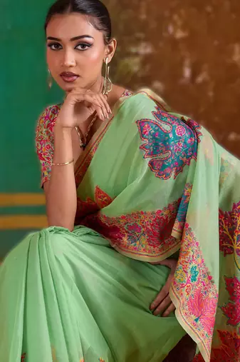 parrot green modal cotton pashmina weaving saree  ready to dispatch
