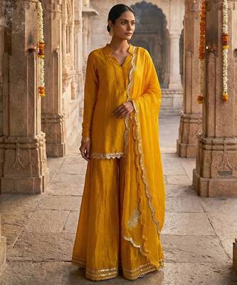 Mustard yellow vichitra silk kurta palazzo set 1