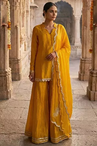 Mustard yellow vichitra silk kurta palazzo set