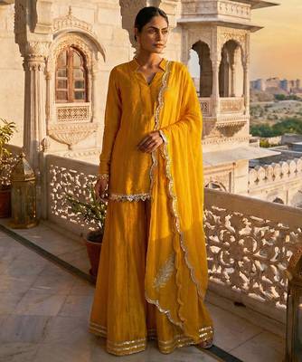 Mustard yellow vichitra silk kurta palazzo set 6