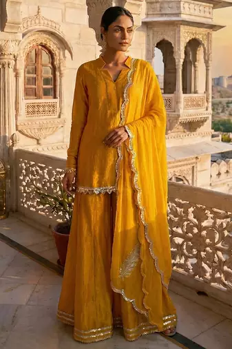 Mustard yellow vichitra silk kurta palazzo set
