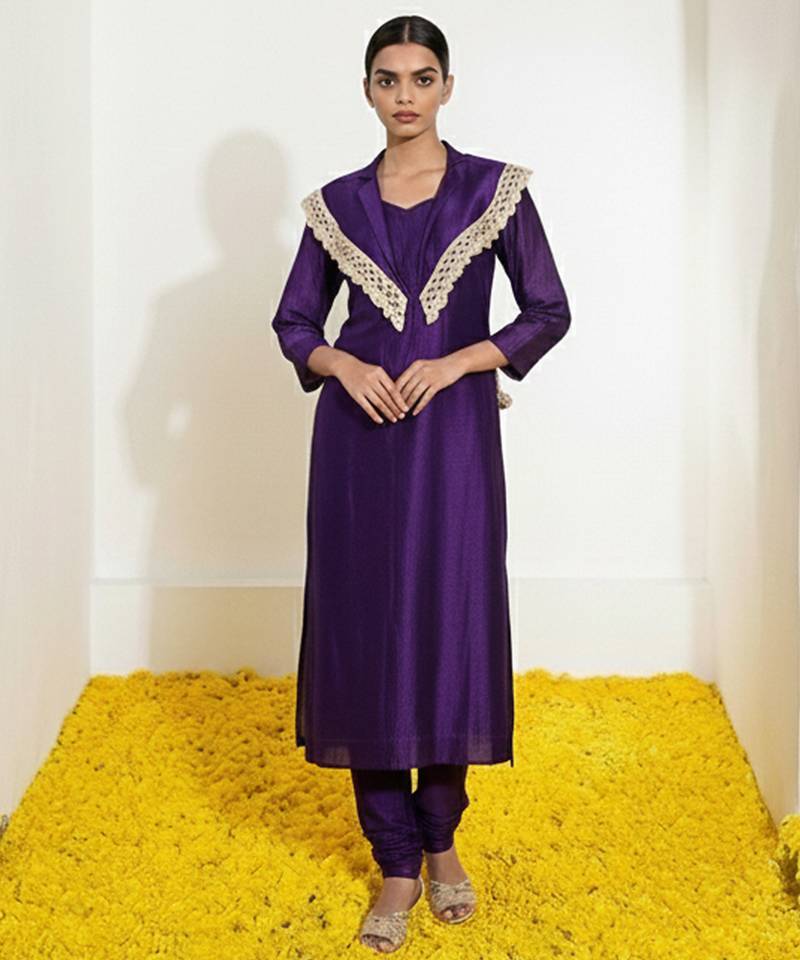 Purple vichitra silk cape dhoti set