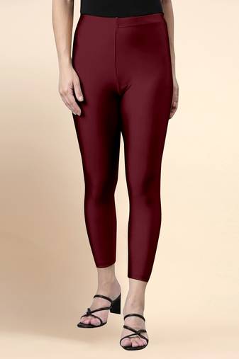 Maroon Microfiber elastane stretch soft cropped leggings with ultrasoft waistband