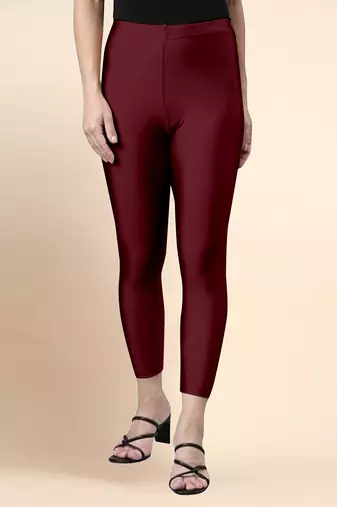 Maroon Microfiber elastane stretch soft cropped leggings with ultrasoft waistband
