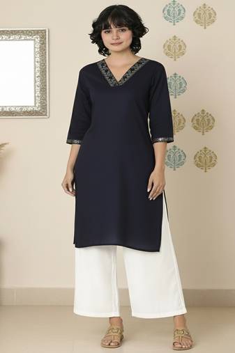Navy embroidered rayon kurta palazzo