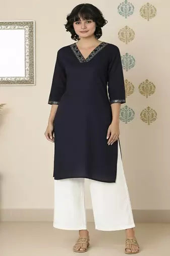 Navy embroidered rayon kurta palazzo