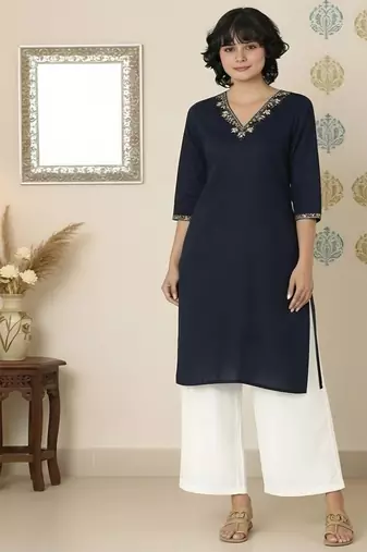 Navy embroidered rayon kurta palazzo