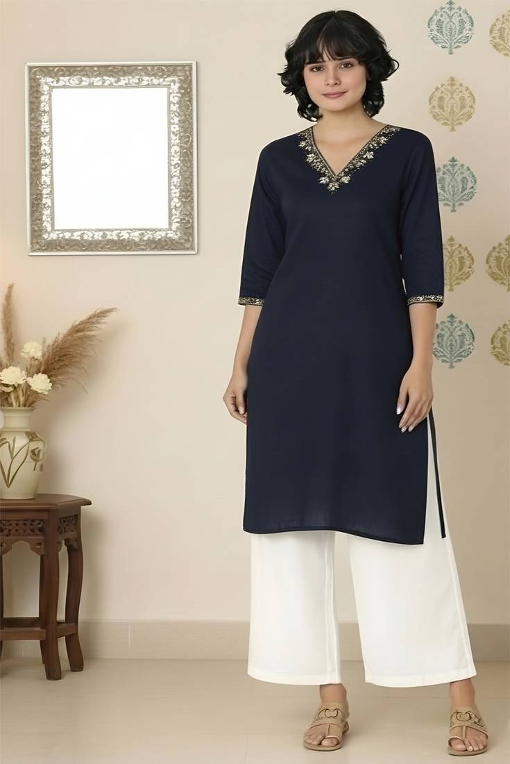 Navy embroidered rayon kurta palazzo
