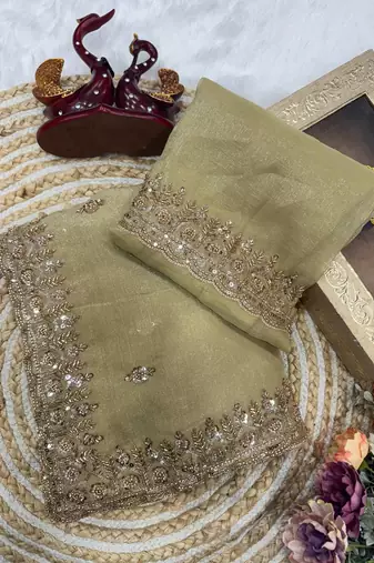 Off white Color Katdana & Sequins Work Crunchy Silk Blend Saree