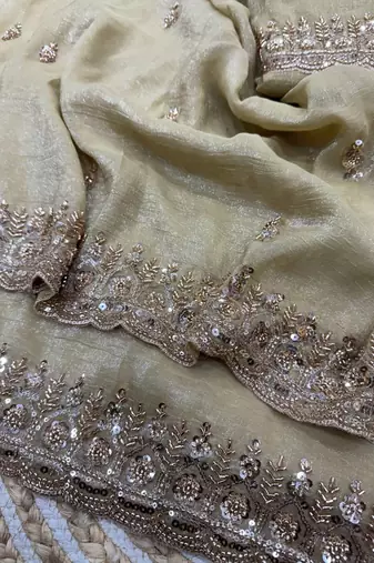 Off white Color Katdana & Sequins Work Crunchy Silk Blend Saree