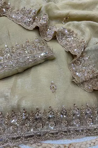 Off white Color Katdana & Sequins Work Crunchy Silk Blend Saree
