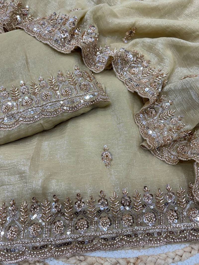 Off white Color Katdana & Sequins Work Crunchy Silk Blend Saree