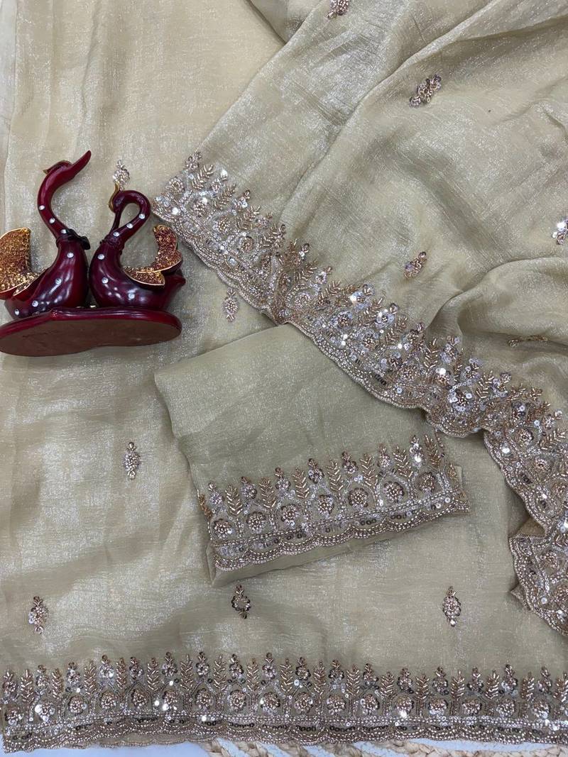 Off white Color Katdana & Sequins Work Crunchy Silk Blend Saree