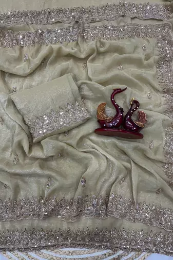 Off white Color Katdana & Sequins Work Crunchy Silk Blend Saree