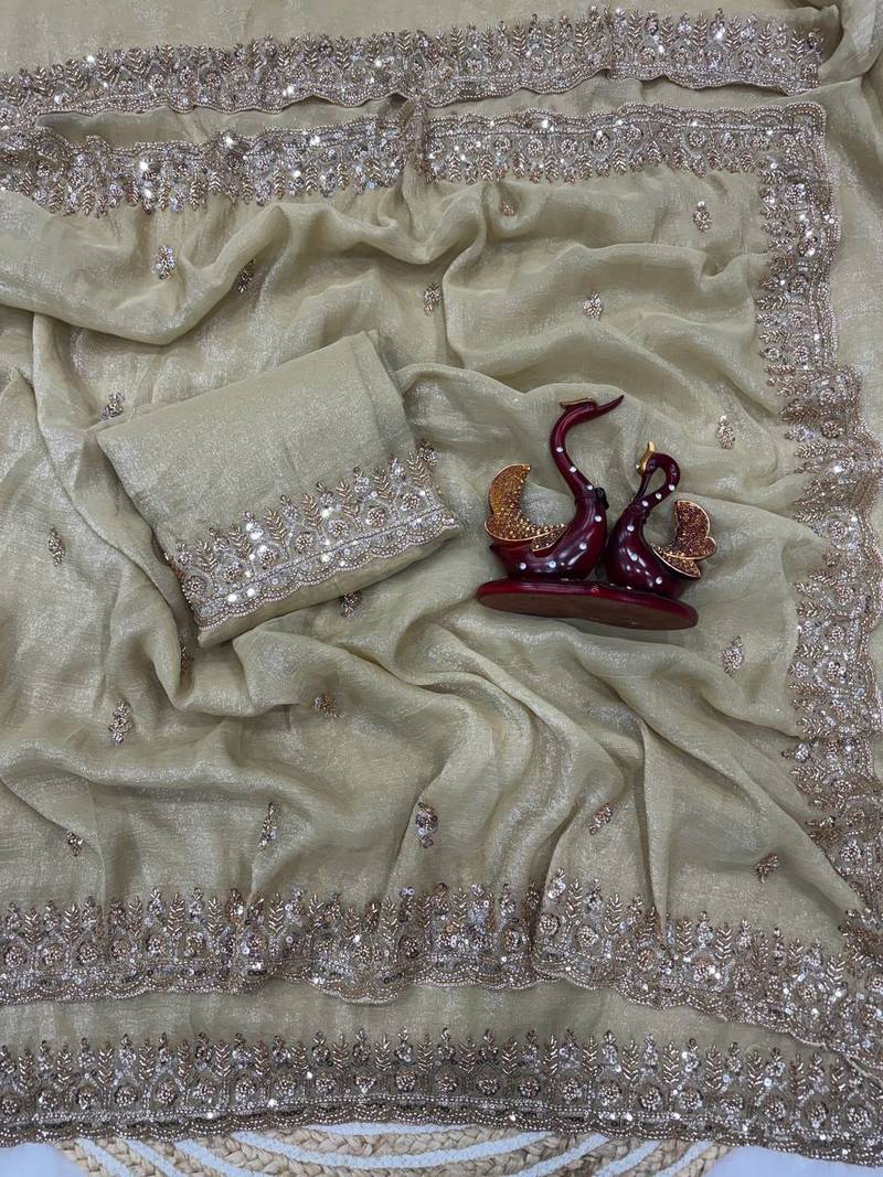 Off white Color Katdana & Sequins Work Crunchy Silk Blend Saree
