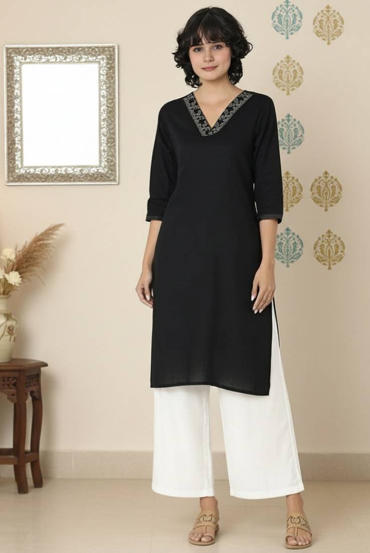 Black embroidered rayon kurta palazzo