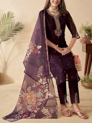 Wine Chanderi Heavy Thread Embroidery Sequins Work With Printed Dupatta Kurta Pant Set 1