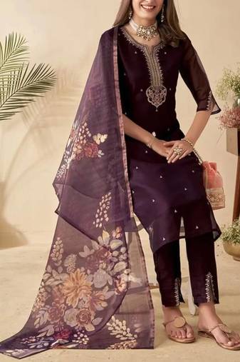 Wine Chanderi Heavy Thread Embroidery Sequins Work With Printed Dupatta Kurta Pant Set