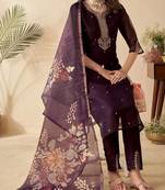 Wine Chanderi Heavy Thread Embroidery Sequins Work With Printed Dupatta Kurta Pant Set