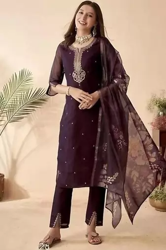 Wine Chanderi Heavy Thread Embroidery Sequins Work With Printed Dupatta Kurta Pant Set