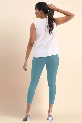 Teal Microfiber elastane stretch soft cropped leggings with ultrasoft waistband