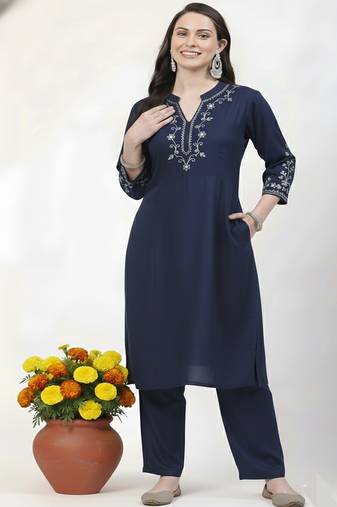 Navy embroidered rayon kurta Pant