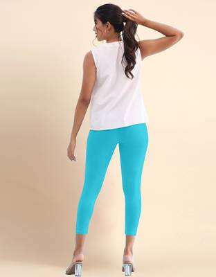 Turquoise Microfiber elastane stretch soft cropped leggings with ultrasoft waistband 4