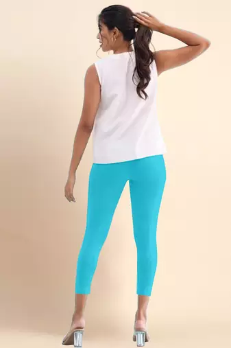 Turquoise Microfiber elastane stretch soft cropped leggings with ultrasoft waistband