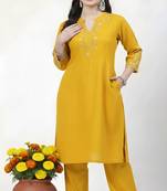 Yellow embroidered rayon kurta Pant
