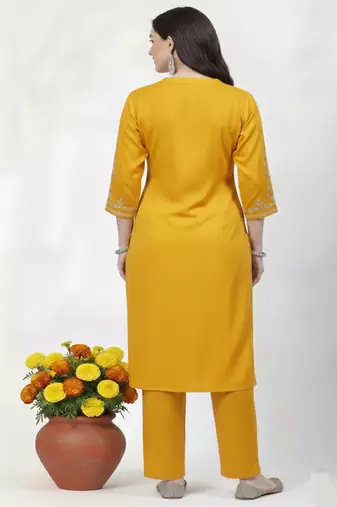 Yellow embroidered rayon kurta Pant