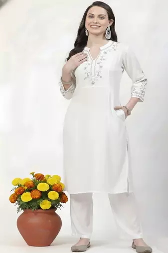 White embroidered rayon kurta Pant