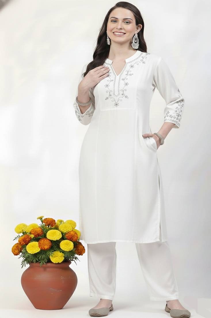 White embroidered rayon kurta Pant