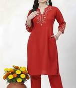 Red embroidered rayon kurta Pant