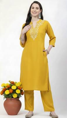 Yellow embroidered rayon kurta Pant 3