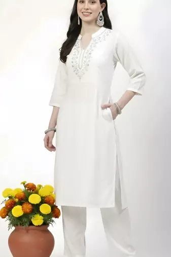 White embroidered rayon kurta Pant