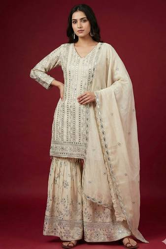 Cream georgette sharara set with intricate embroidery