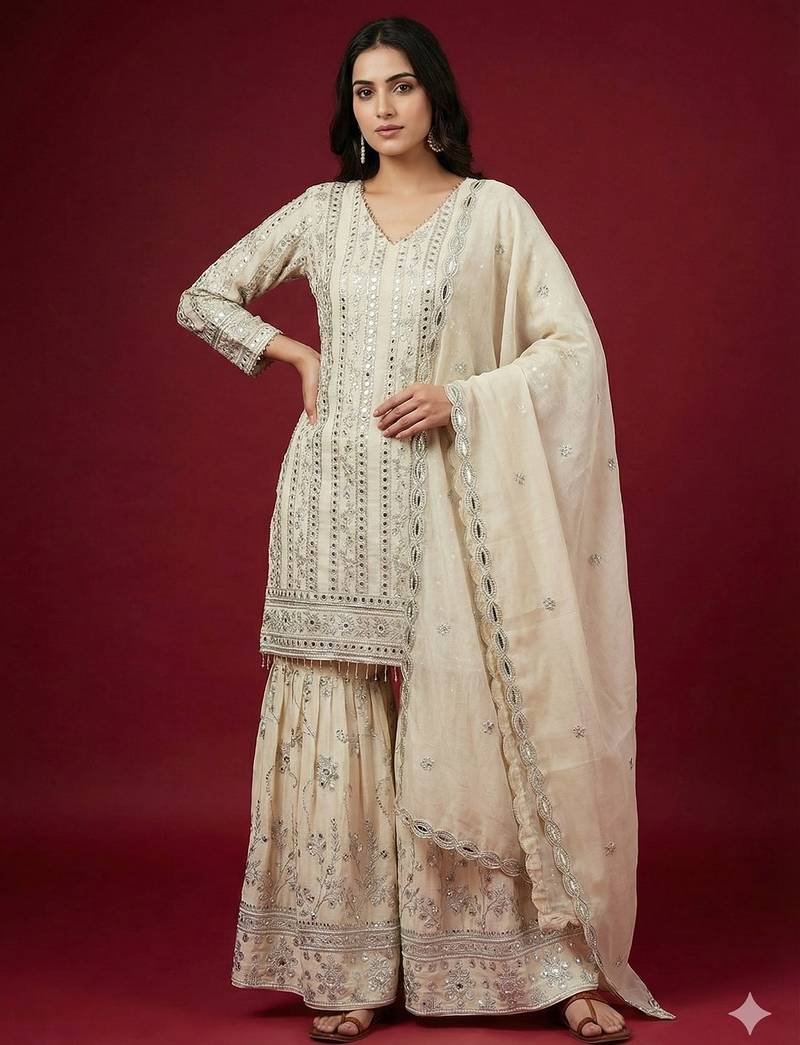 Cream georgette sharara set with intricate embroidery